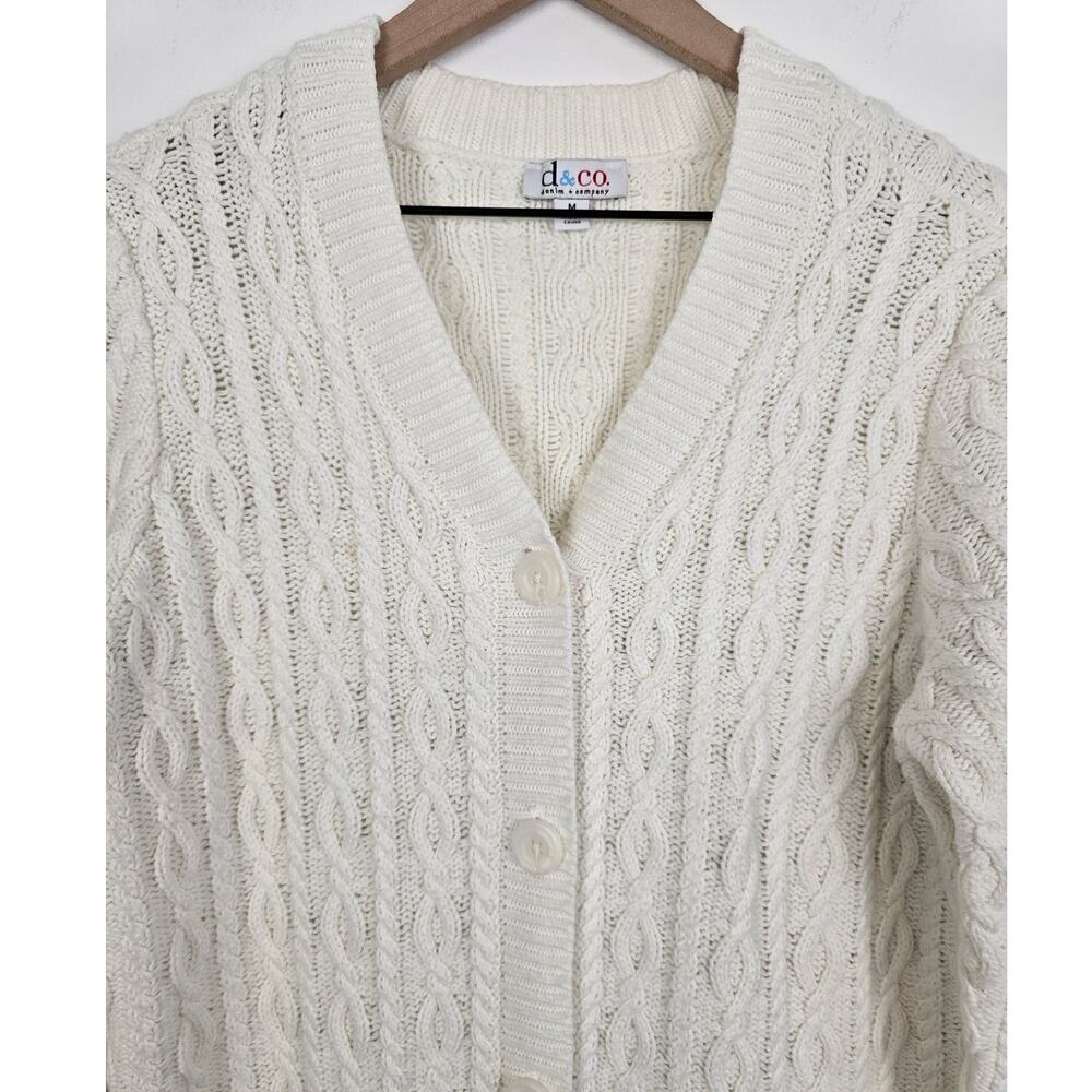 D&Co Ivory Cable Knit Long Cardigan Sweater Cottagecore Size M - Picture 2 of 5